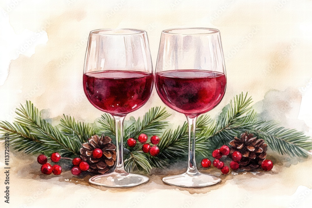 Two Glasses of Red Wine with Christmas Decorations Two Glasses of Red Wine with Christmas Decorations