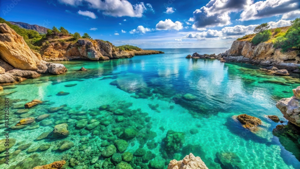 Fototapeta premium Crystal clear turquoise waters in a picturesque rocky coastal bay under clear skies and vibrant landscapes, turquoise, waters