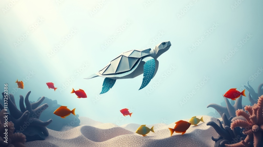 Obraz premium A stylized turtle swims through a vibrant underwater scene with colorful fish and coral.