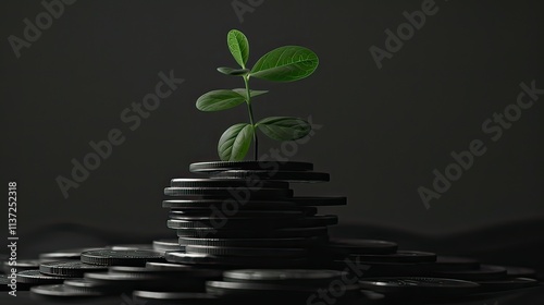 Coins stacked in ascending order with a young sapling growing on top. photo