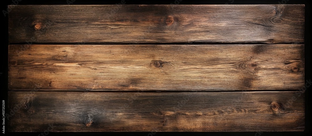 Naklejka premium Close-up of weathered dark brown wooden panel with visible knots, rough texture, shot from elevated angle on black background