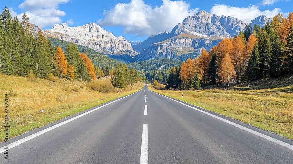 Fototapeta premium Asphalt Road Leading Through Autumnal Alpine Landscape