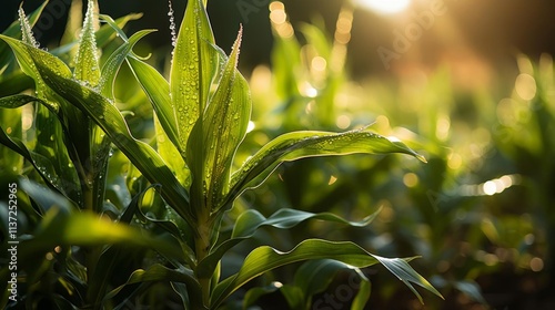 A field of green corn plants with dew on the leaves