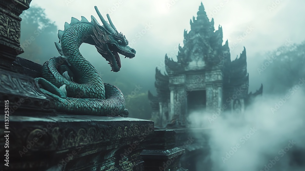 Obraz premium Dragon Statue on Ancient Temple Structure in Misty Landscape
