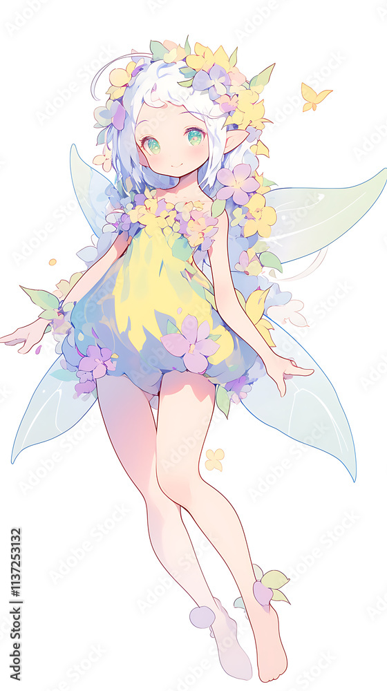 A whimsical fairy character adorned with flowers and butterfly motifs. A whimsical fairy character adorned with flowers and butterfly motifs.