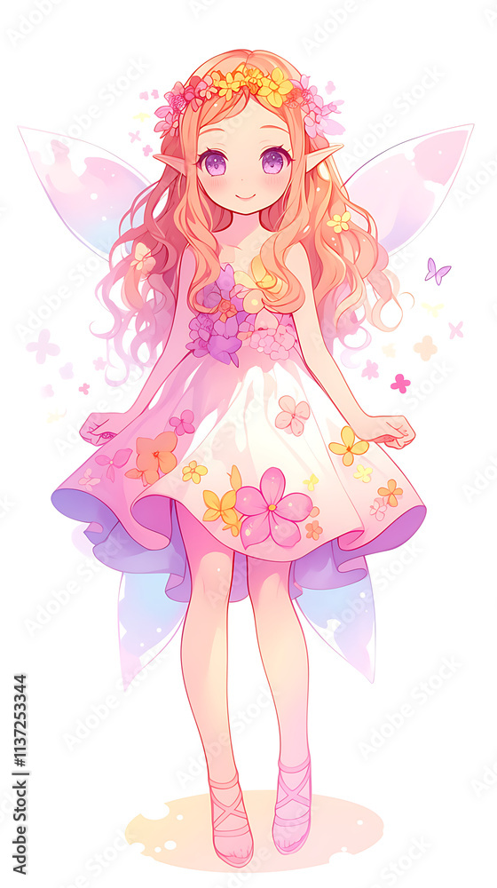 A whimsical fairy character with pink hair and floral dress, surrounded by butterflies. A whimsical fairy character with pink hair and floral dress, surrounded by butterflies.