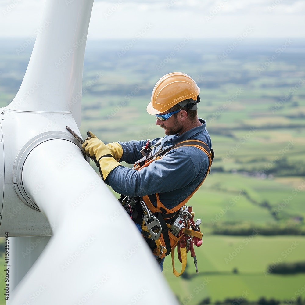 Φωτογραφία A worker is safely maintaining a wind turbine, showcasing renewable energy efforts and skilled labor in a scenic landscape