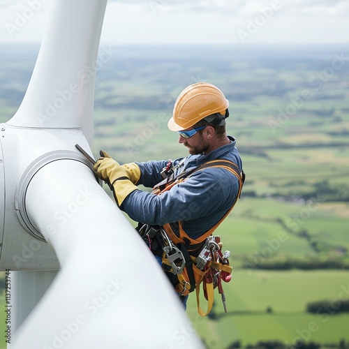 A worker is safely maintaining a wind turbine, showcasing renewable energy efforts and skilled labor in a scenic landscape.