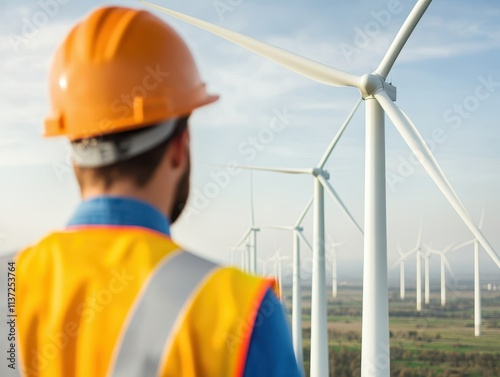 A worker in an orange helmet observes a field of wind turbines, symbolizing renewable energy and sustainable practices.