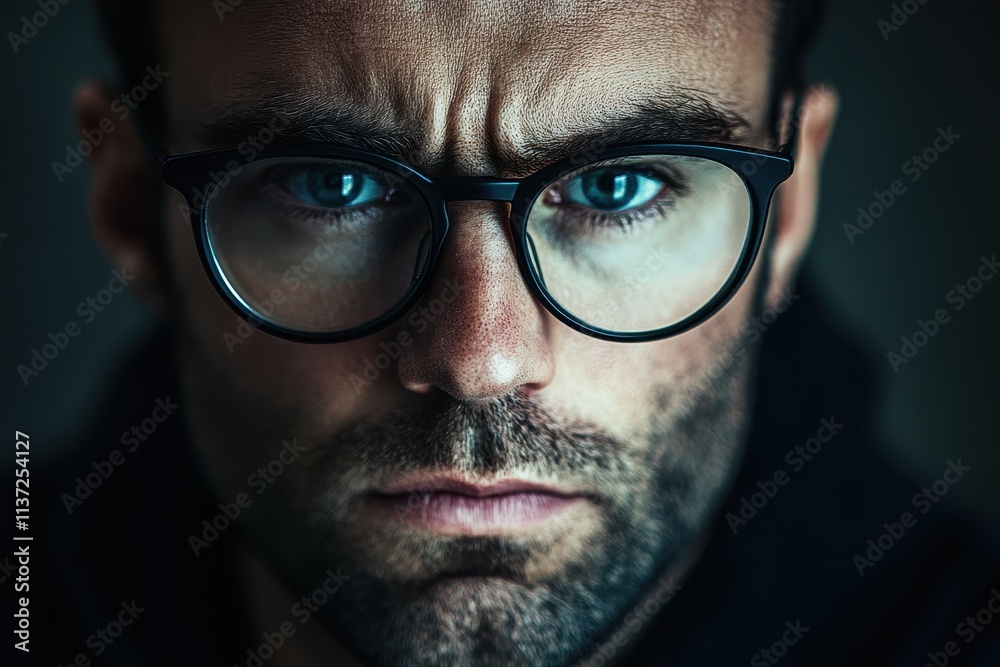 Close-up portrait of a serious man wearing glasses. Ideal for concepts of focus, intelligence, or mystery. Close-up portrait of a serious man wearing glasses. Ideal for concepts of focus, intelligence, or mystery.
