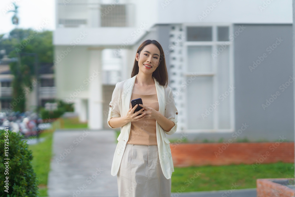 Young asian businesswoman walking confidently near an office building, using her smartphone to stay connected in a bustling urban environment Young asian businesswoman walking confidently near an office building, using her smartphone to stay connected in a bustling urban environment