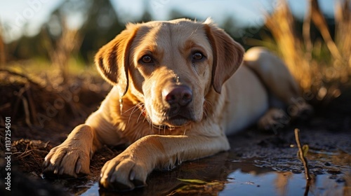 A dog is laying in a muddy puddle