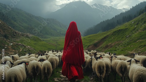 Woman in red cloak leads flock of sheep through mountainous landscape.