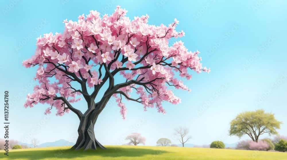 A vibrant cherry blossom tree in a serene landscape under a clear blue sky. A vibrant cherry blossom tree in a serene landscape under a clear blue sky.