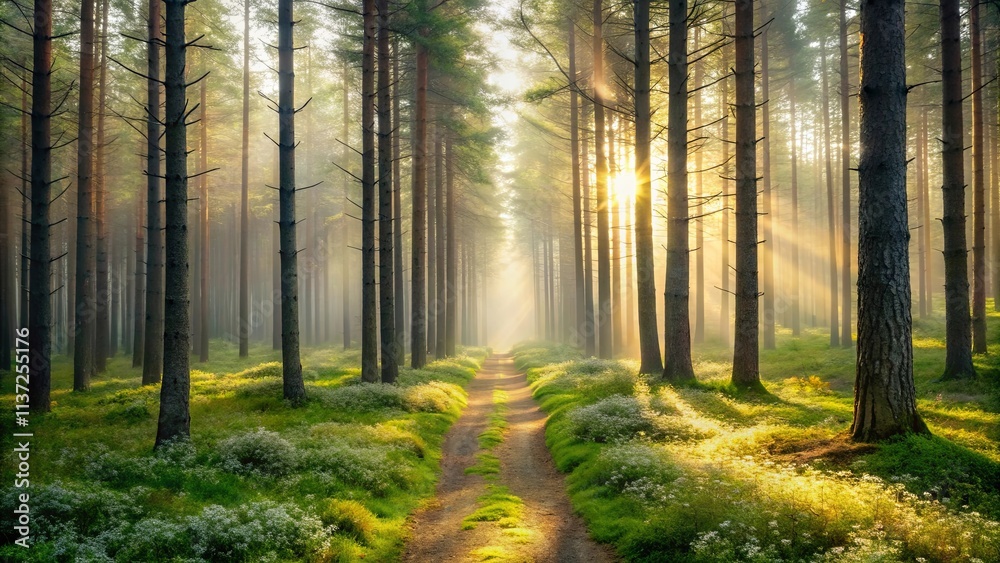A Path Illuminated by the Dawn's Embrace Through a Misty Forest of Tall, Slender Trees A Path Illuminated by the Dawn's Embrace Through a Misty Forest of Tall, Slender Trees