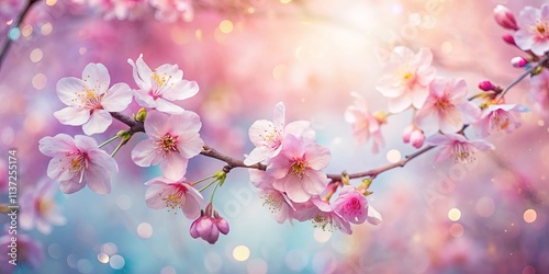 A delicate branch of blossoming flowers with pastel pink petals, accented by a soft focus background of shimmering lights and airy hues.