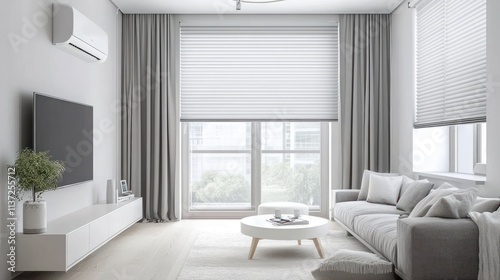 Modern minimalist living room with air conditioning, large windows, and neutral decor.