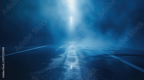 Dark blue road background, foggy road illuminated by spotlights.