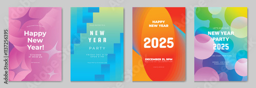 Happy New Year poster design background vector set. Celebration Modern gradient card template with vibrant geometric shape movement different. Ideal design for social media, flyer, party, ads.