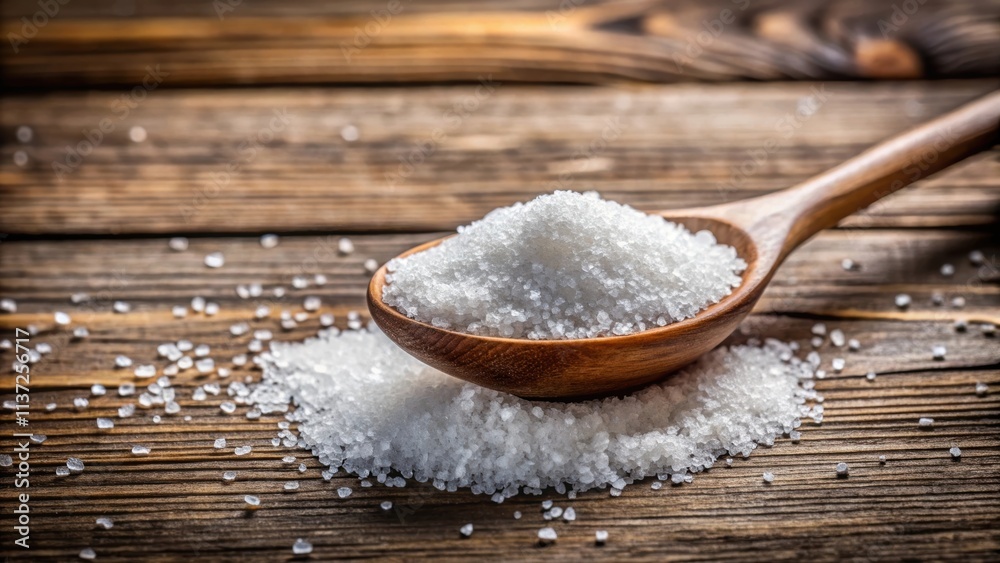 Close-up of granulated sugar with wooden spoon on rustic table, sweet, ingredient, white, grainy, organic, cooking, baking Close-up of granulated sugar with wooden spoon on rustic table, sweet, ingredient, white, grainy, organic, cooking, baking