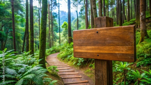 Beautiful wooden signage in Phu Chi Fa Forest Park with lush greenery in the background, Thailand, Phu Chi Fa, Forest Park photo