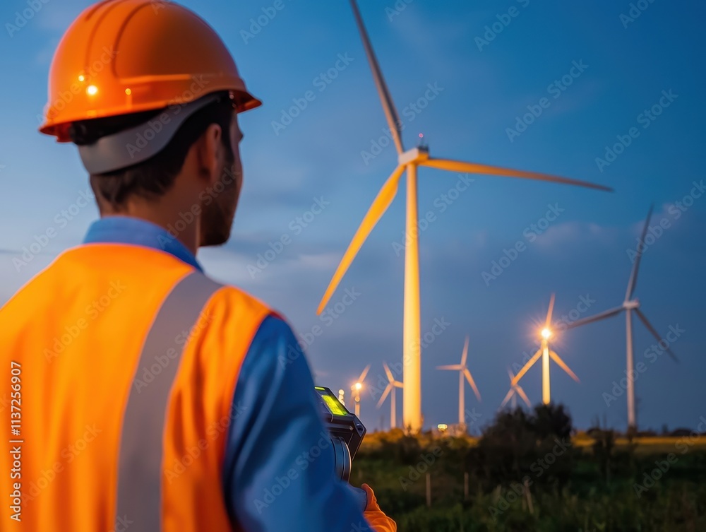 A worker in safety gear observes wind turbines at dusk, highlighting renewable energy and sustainability practices. A worker in safety gear observes wind turbines at dusk, highlighting renewable energy and sustainability practices.
