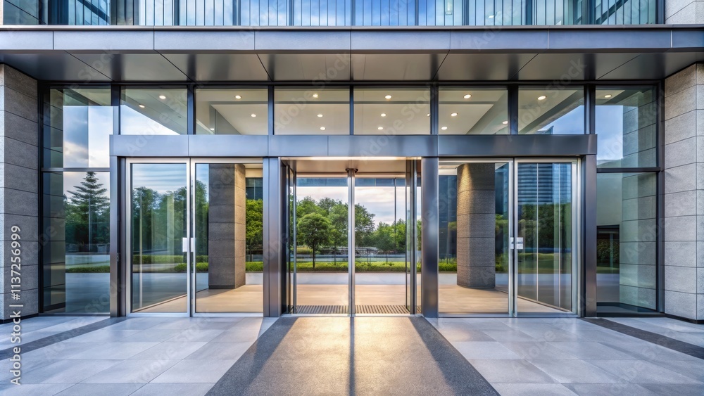 Modern entrance to building with sleek sliding glass doors, modern, entrance, building, sliding, glass, door Modern entrance to building with sleek sliding glass doors, modern, entrance, building, sliding, glass, door