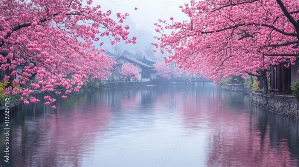 Serene Cherry Blossom Reflections in Japan