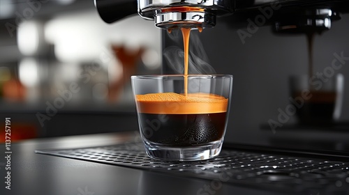 Espresso coffee pouring from an espresso machine in a bar, a closeup shot of a glass cup with a black or brown-colored crema on top of it. Blurred background of a modern cafe interior