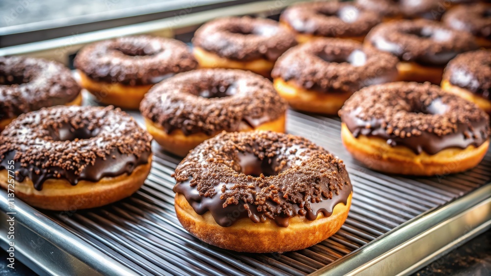 Close up of chocolate-covered donuts with chocolate crumbs on ribbed tray in modern bakery, chocolate, donuts, bakery Close up of chocolate-covered donuts with chocolate crumbs on ribbed tray in modern bakery, chocolate, donuts, bakery