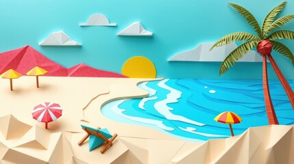 Keuken achterwand Turquoise A vibrant paper art scene depicting a beach with palm trees, sun, and colorful umbrellas.  © chepzArm