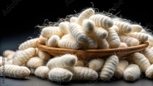 Natural silk with sericulture industry concept, showing silkworm cocoons isolated on a black background, silk, natural