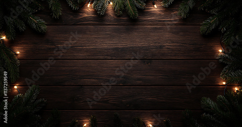 Rustic Christmas Background: Dark Wood with Festive Evergreen and Lights