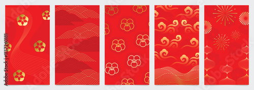 Chinese New Year 2025 hongbao red envelope design vector. Collection of Chinese festival with flower, wave, coin, firework. Elegant oriental illustration for angpao, cover, website, calendar, ads. 