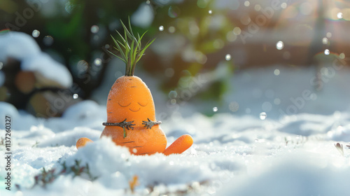 A carrot meditating in the snow, in a yoga pose