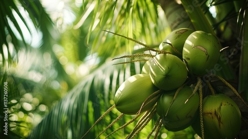 Green Coconuts on a Palm Tree Branch photo