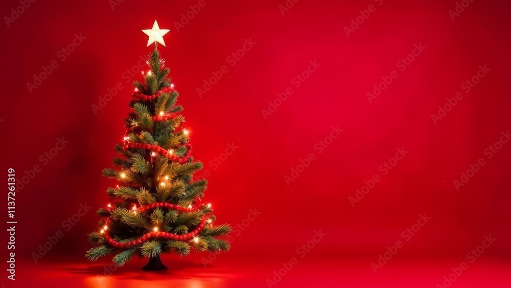 Beautifully decorated Christmas tree on red background. Warm and festive ambiance perfect for holiday greeting cards, seasonal designs or Christmas promotions, banner with copy space