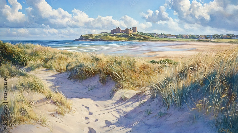 Coastal Path to Bamburgh Castle on a Sunny Day Coastal Path to Bamburgh Castle on a Sunny Day