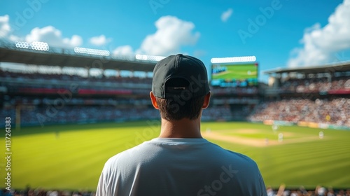 Man watching a sporting event in a large stadium.