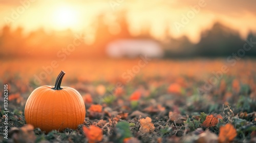 A ripe pumpkin sits prominently in a field adorned with autumn leaves, illuminated by the warm glow of twilight in the background