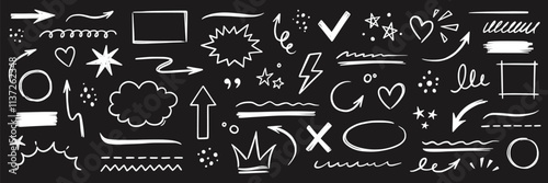 Line hand drawn marker arrow, heart, text highlight brush shape element chalkboard. Hand drawn sketch marker underline shape, arrow, star scribble brush pen stroke element. Vector illustration