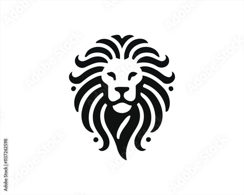 Lion head logo, lion head icon, lion face logo. Simple silhouette. Flat style. Black and white lion face icon logo. Logo design template. Vector illustration. Animal logotype concept. photo