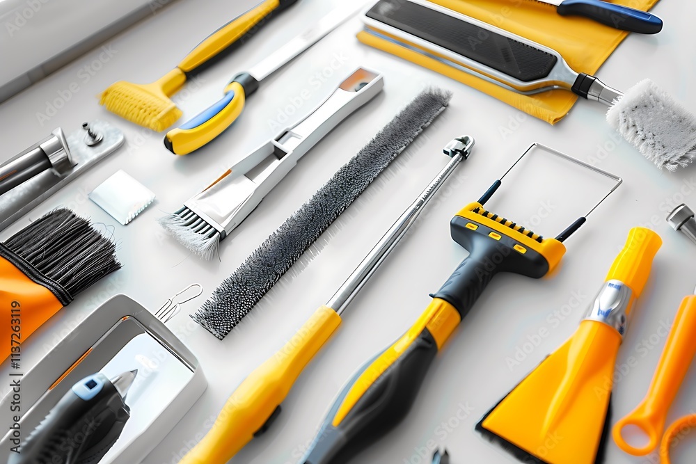 Flat lay of construction tools on white background. Top view. Flat lay of construction tools on white background. Top view.