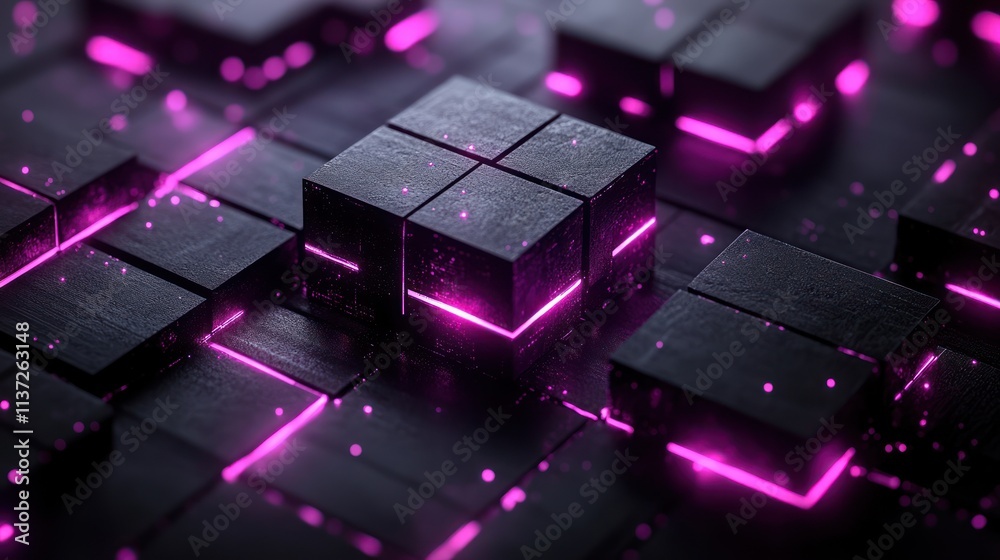 Fototapeta premium Glowing pink lines illuminate dark metallic cubes in a futuristic grid.