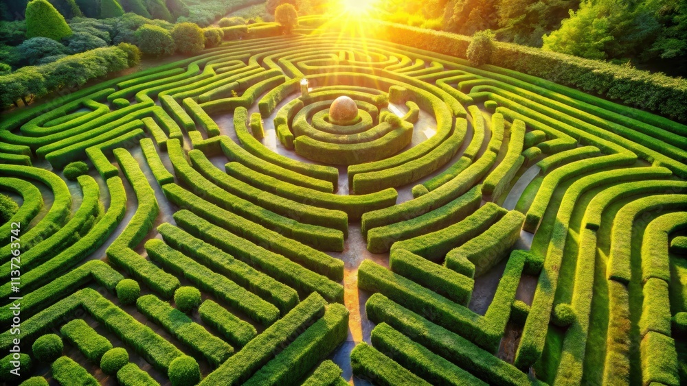 Aerial view of intricate green maze garden with sunlight in background, maze, garden, aerial view, green, sunlight, labyrinth Aerial view of intricate green maze garden with sunlight in background, maze, garden, aerial view, green, sunlight, labyrinth