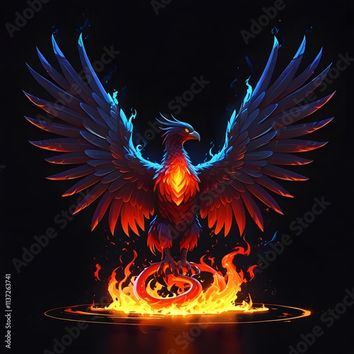 Majestic phoenix rising from flames fantasy realm digital artwork dark background dramatic viewpoint symbol of rebirth