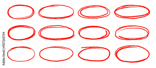 Hand drawn red highlight oval frame shape set. Doodle crayon pencil, marker brush stroke oval underline element pack. Hand drawn pencil stroke sketch marker vector illustration