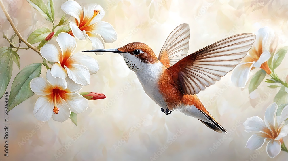 Naklejka premium Beauty of wildlife hummingbird close-up feeding on blossoms in a serene garden environment