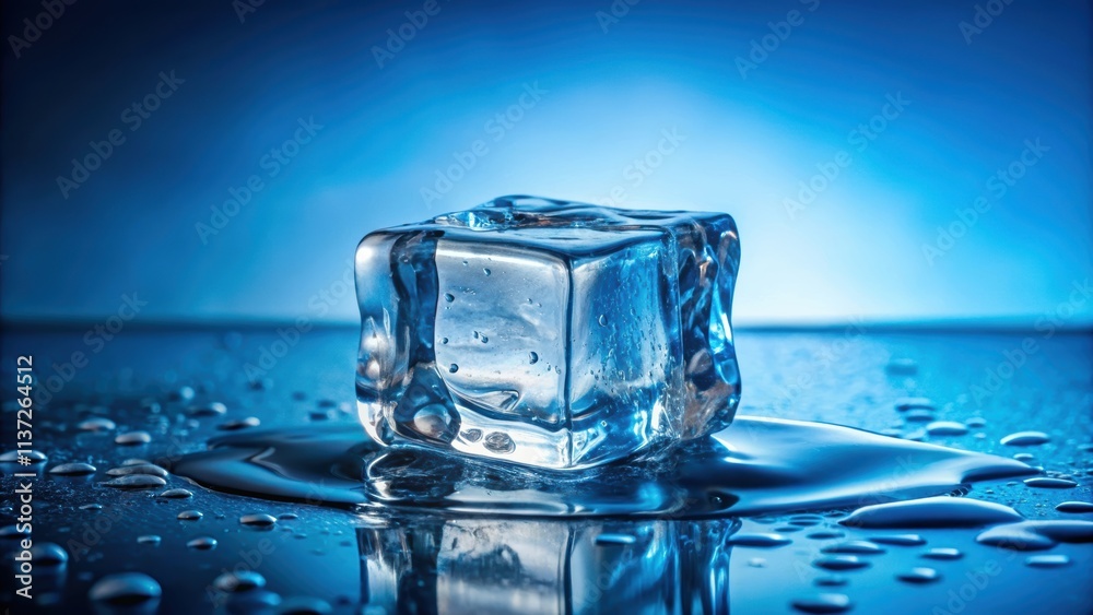 A close-up photo of a melting ice cube on a blue background, ice, cold, frozen, water, melt, refreshing, crystal, cube, macro A close-up photo of a melting ice cube on a blue background, ice, cold, frozen, water, melt, refreshing, crystal, cube, macro