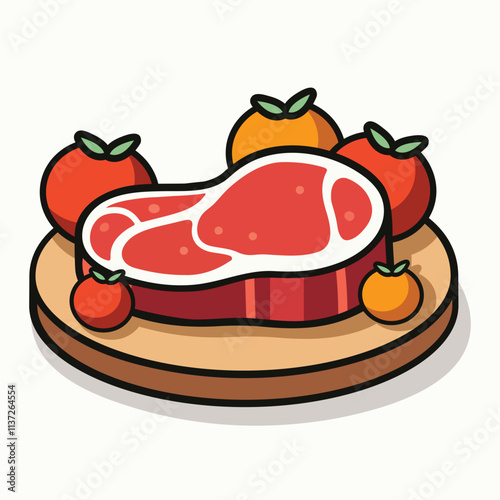 Delicious Raw Meat with Red Chili Pepper on Plate Flat Cartoon Vector Illustration